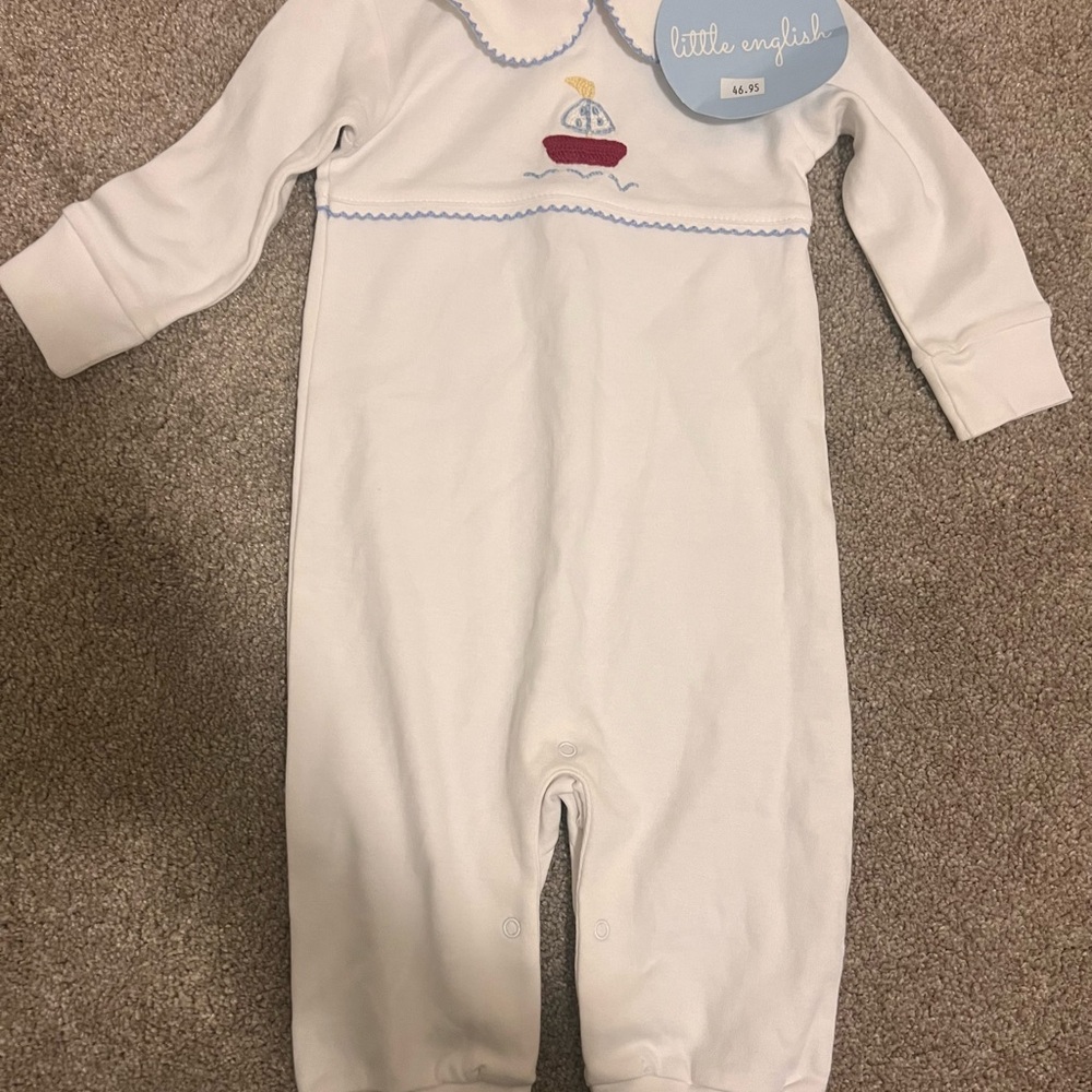 Little English White Romper with Blue Trim